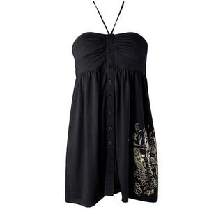 FOX Racing Women’s XL Halter Mini Dress Black Button Up Gold Graphic Y2K